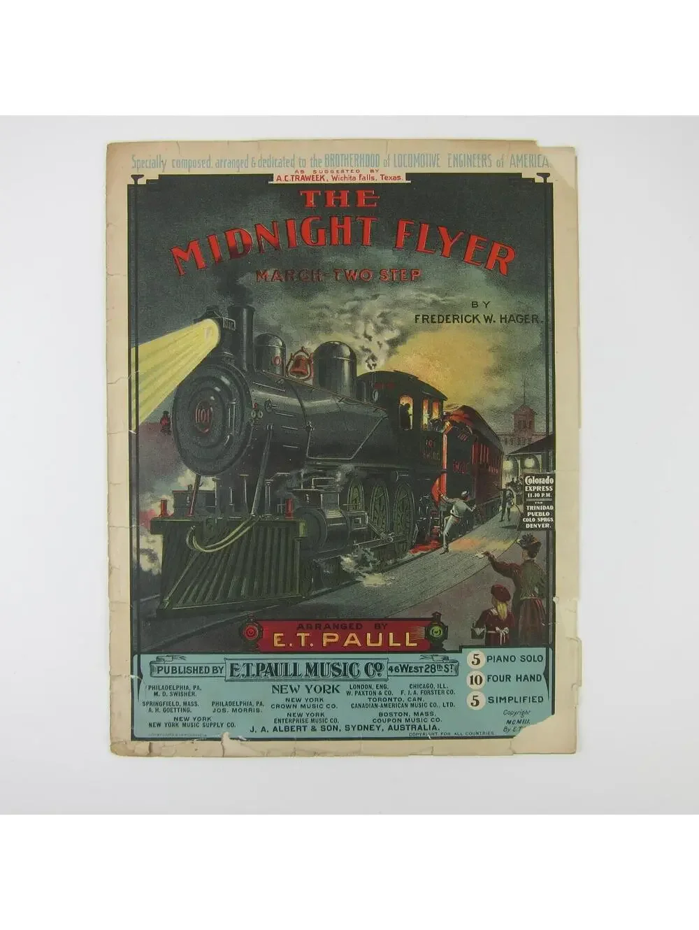 Sheet Music The Midnight Flyer March Two Step Frederick W. Hager Antique 1903